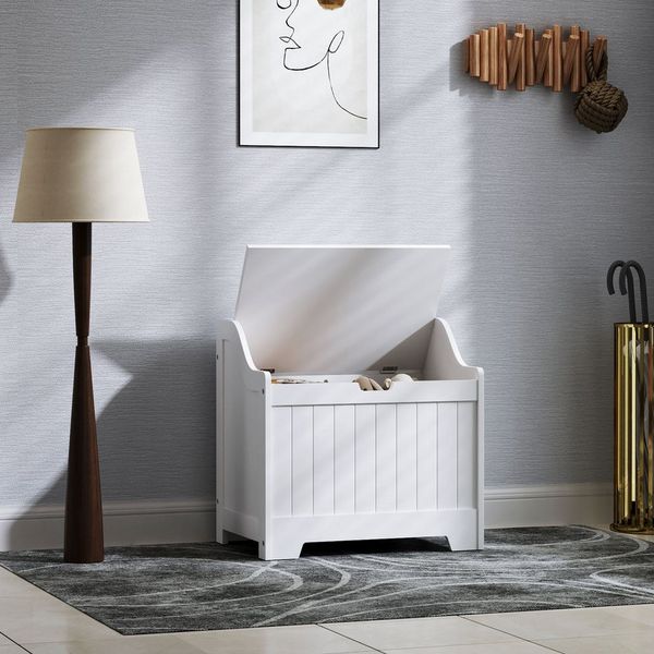 HOMCOM Truhe Aufbewahrungstruhe mit Sicherheitsscharnier (Aufbewahrungsbox mit U-förmigem Griffausschnitt, 1 St, Aufbewahrungskiste aus Holz), für Wohnzimmer, 56,5 x 38 x 56 cm, weiß