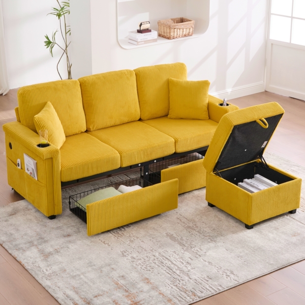 LVHOM Modulares Ecksofa mit LED und USB, 3-Sitzer Sofa mit Sitzhocker und Schubladen, Polstersofa Cordstoff Bild 5