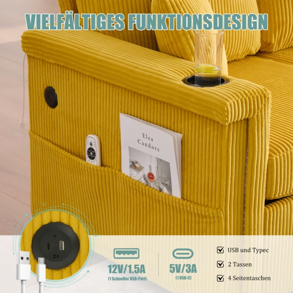 LVHOM Modulares Ecksofa mit LED und USB, 3-Sitzer Sofa mit Sitzhocker und Schubladen, Polstersofa Cordstoff Bild 6