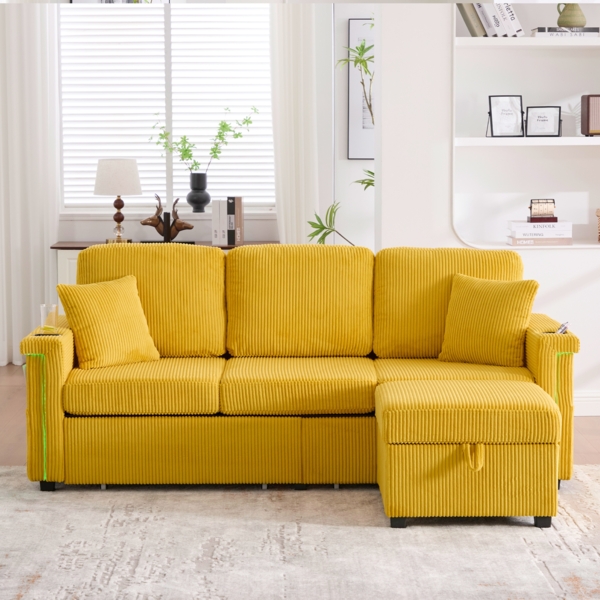 LVHOM Modulares Ecksofa mit LED und USB, 3-Sitzer Sofa mit Sitzhocker und Schubladen, Polstersofa Cordstoff Bild 7