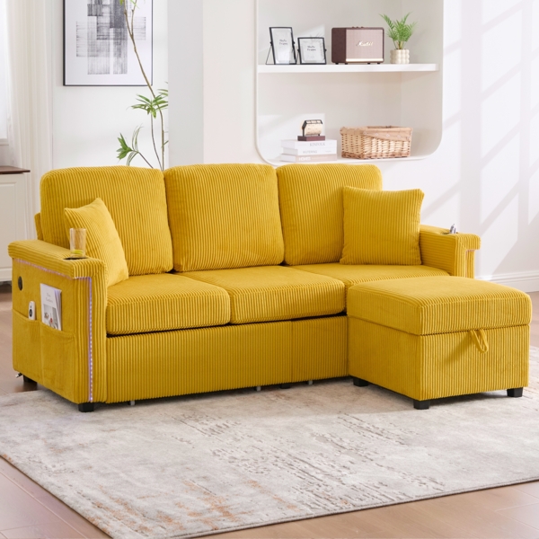 LVHOM Modulares Ecksofa mit LED und USB, 3-Sitzer Sofa mit Sitzhocker und Schubladen, Polstersofa Cordstoff Bild 9