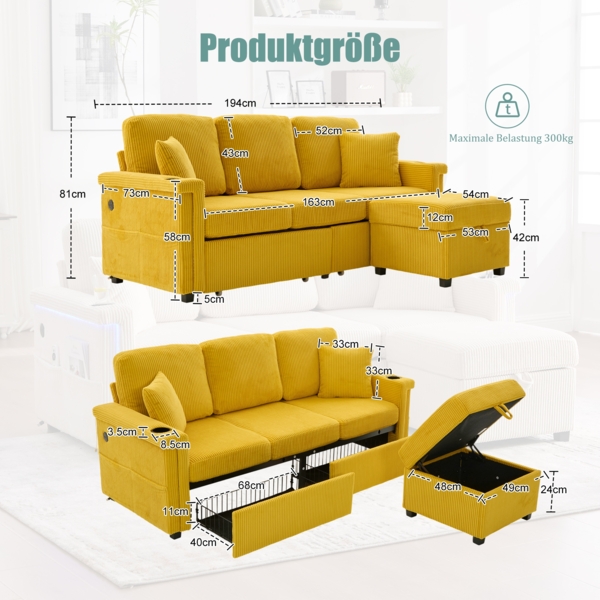 LVHOM Modulares Ecksofa mit LED und USB, 3-Sitzer Sofa mit Sitzhocker und Schubladen, Polstersofa Cordstoff Bild 2