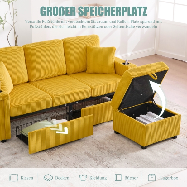 LVHOM Modulares Ecksofa mit LED und USB, 3-Sitzer Sofa mit Sitzhocker und Schubladen, Polstersofa Cordstoff Bild 4