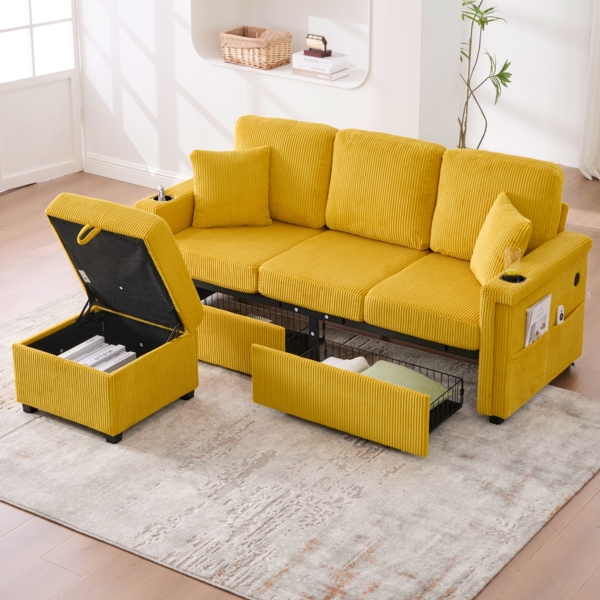 LVHOM Modulares Ecksofa mit LED und USB, 3-Sitzer Sofa mit Sitzhocker und Schubladen, Polstersofa Cordstoff Bild 1