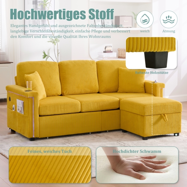 LVHOM Modulares Ecksofa mit LED und USB, 3-Sitzer Sofa mit Sitzhocker und Schubladen, Polstersofa Cordstoff Bild 8