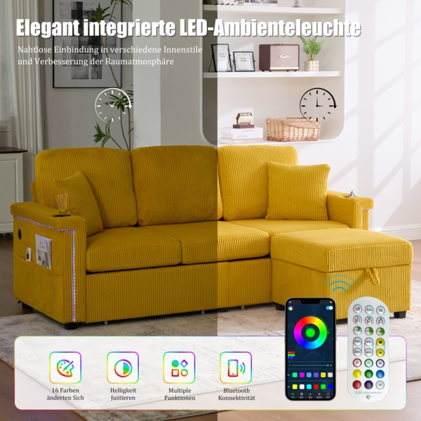 LVHOM Modulares Ecksofa mit LED und USB, 3-Sitzer Sofa mit Sitzhocker und Schubladen, Polstersofa Cordstoff Bild 3