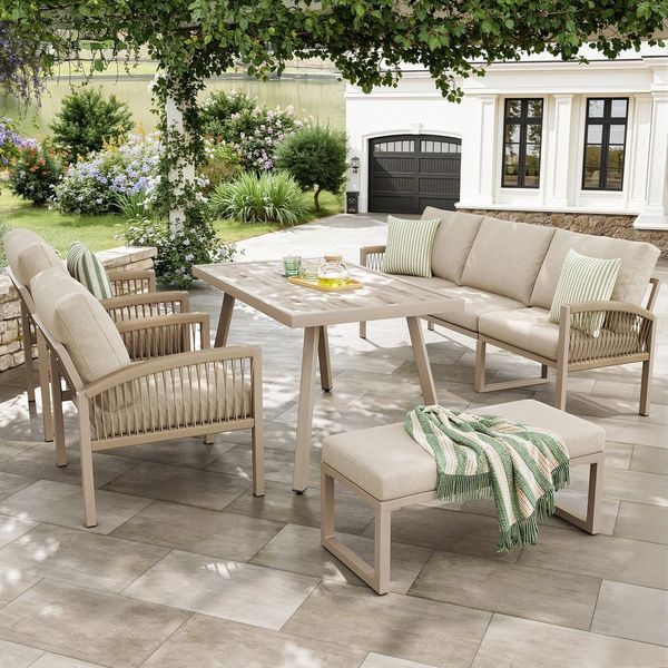 Flieks Gartenlounge-Set, 7-Sitzer Gartenmöbel-Set Sitzgruppe mit Holzoptik Glas Tischplatte