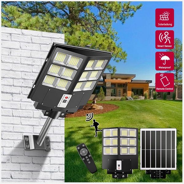 Rhein Beleuchtung LED Solarleuchte Solarleuchte Außen mit Bewegungsmelder 600W LED Straßenlampe, Mit Dämmerungssensor Timerfunktion, LED fest integriert, Kaltweiß, IP67 wasserdicht, Fernbedienung, Dämmerungssensor, Solarstrahler