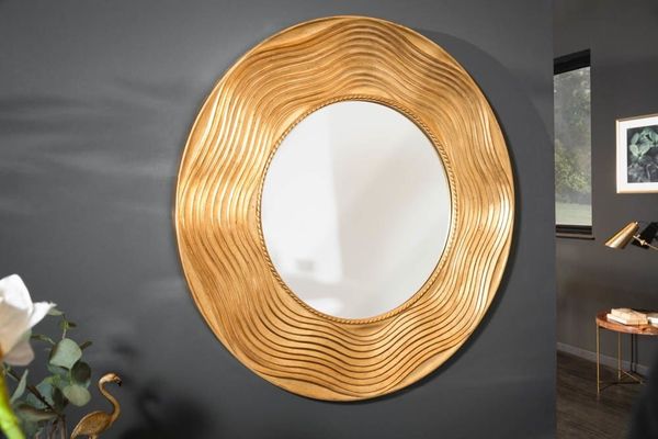 riess-ambiente Wandspiegel CIRCLE 100cm gold - Paulownia-Holz, verzierter Rahmen, lackiert, rund, Dekospiegel aus Massivholz - ideal für Wohn- & Schlafzimmer oder Flur