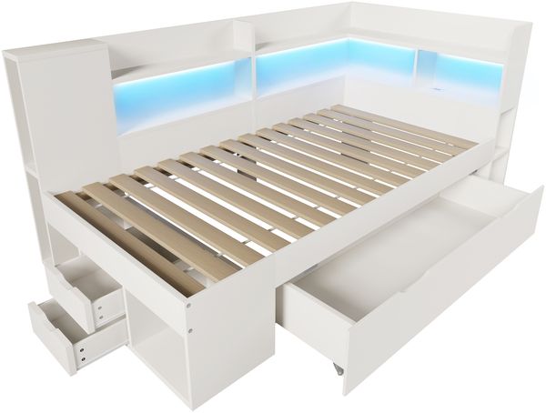 Merax Einzelbett, Tagesbett, 90x190 cm Jugendbett, Funktionsbett mit LED-Beleuchtung aus Holzwerkstoff mit USB & Typ-C Ladestation, Weiß Bild 9