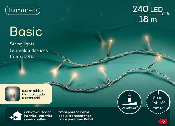 Lumineo LED-Lichterkette Lumineo Lichterkette BASIC 240 LED 18 m warm weiß, transparentes Kabel, Indoor/Outdoor, dimmbar, 8h-Timer, + 5 m Zuleitung
