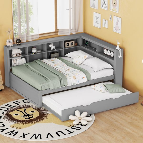Schlafsofa 140*200, ausziehbares Bett 90*190 mit USB-Steckdose und mehreren Ablagefächern, Massivholzbett, Doppelbett, Multifunktionsbett aus Holz, grau.