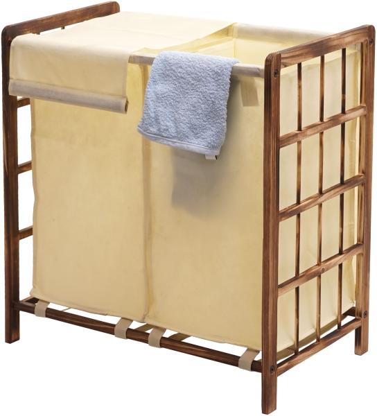 Wäschesammler HWC-B60, Laundry Wäschebox Wäschekorb, Massiv-Holz 2 Fächer 60x60x33cm 68l ~ braun, Bezug creme