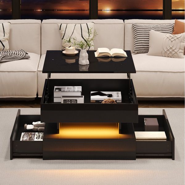 STILVORA Couchtisch Wohnzimmertisch Hochglanz-Sofatisch mit Schubladen Kaffeetisch mit LED (Beistelltisch, Sofatisch, 1-St, mit 2 Schubladen), anhebbarer Wohnzimmertisch mit LED-Lichtleiste