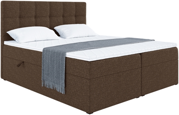 MEBLINI Boxspringbett NILS 160x220 cm mit Bettkasten - H3/Braun Webstoff Polsterbett - Doppelbett mit Topper & Bonellfederkern-Matratze