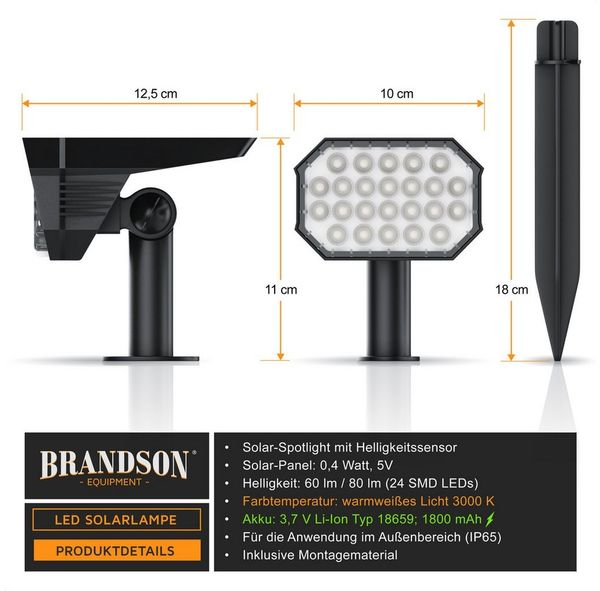 Brandson LED Gartenstrahler Solar Erdspießleuchte, Akku Gartenleuchte, Solarspotlight Wandmontage, Ein-/Ausschalter, mehrere Helligkeitsstufen, LED fest integriert, Warmweiß, Solarstrahler 80 Lumen, Solarleuchte warnweiß, für Garten, Balkon IP65