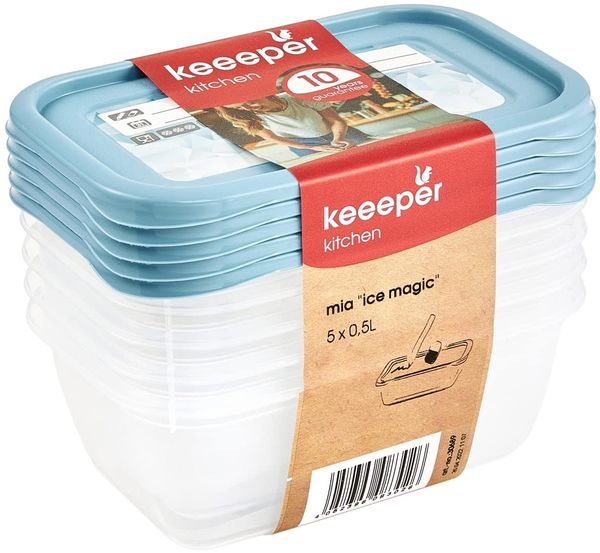 keeeper Tiefkühldosenset 5-teilig, Wiederbeschreibbarer Deckel, 5 x 500 ml, 15,5 x 10,5 x 6 cm, Mia Magic Ice, Nordic Blue