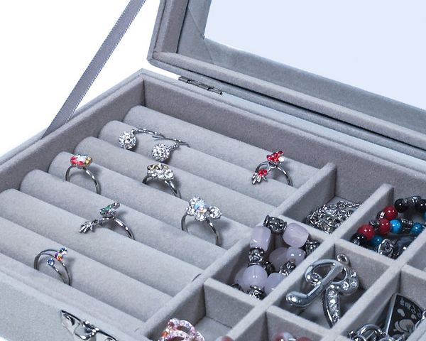 Yudu Aufbewahrungsbox Schmucktablett Schmucklade Schmuckkästchen mit Glasdeckel grau