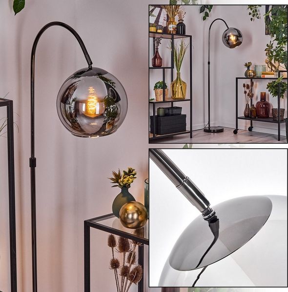 hofstein Bogenlampe Stehlampe aus Metall/Glas in Schwarz/Chrom/Rauch im Retro-Design, verstellbare Stehleuchte mit Glasschirmen (25cm) u. Fußschalter, E27