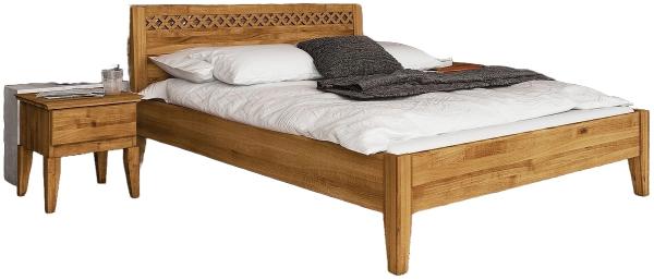 Bett Sydo 3 aus Wildeiche massiv 160x200 cm mit Holzkopfteil und Holzbeinen