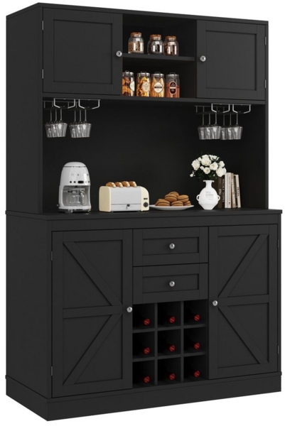 OKWISH Hochschrank Aufbewahrungsschrank,Sideboard (Multifunktionaler Hochschrank Küchenbuffet mit 4 Türen & 2 Schubladen, verstellbaren Ablagen und Weinregal – Sideboard, 120*40*188CM) Kippschutz