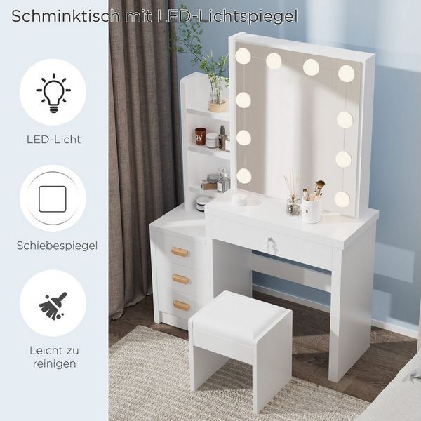 oyajia Schminktisch Frisierkommode mit Hocker, Frisiertisch Spiegel mit LED Beleuchtung (Make-up Tisch mit 4 Schubladen und 4 offene Ablagen), Frisiertisch Kosmetiktisch Hollywood mit LED-Beleuchtung aus Holz,Weiß