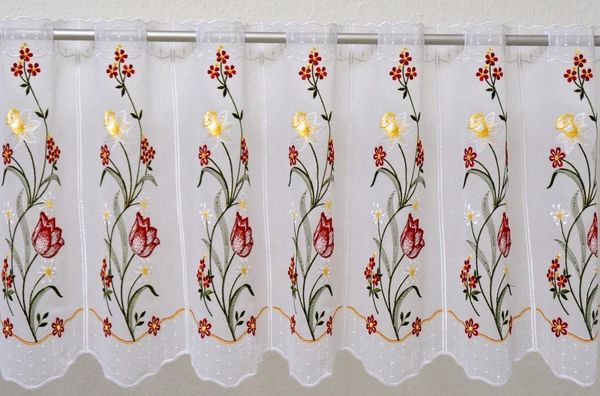 Stickereien Plauen Scheibengardine Tulpe (1 St), Durchzuglöcher, transparent, Voile, veredelt mit echter Plauener Spitze Stickerei