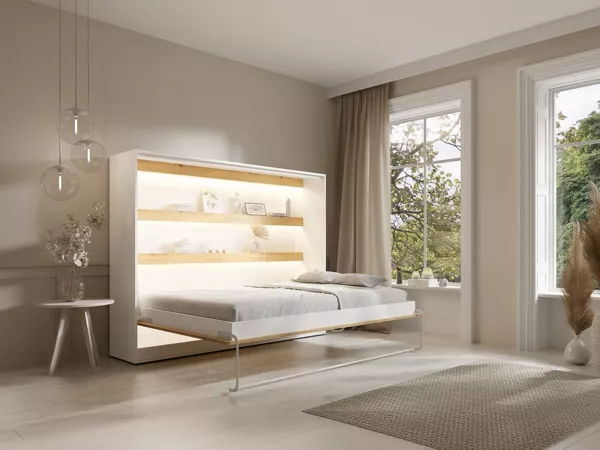 Vente-unique - RAPILI Bett Holz, Platte BeigeWeiß - B 50 cm179,2 cm x H 165,2 cm x L 219 cm