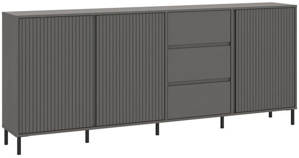Lomadox Sideboard AMELIA-129, Kommode 212 cm anthrazit mit Rillen 3 Türen 3 Schubladen