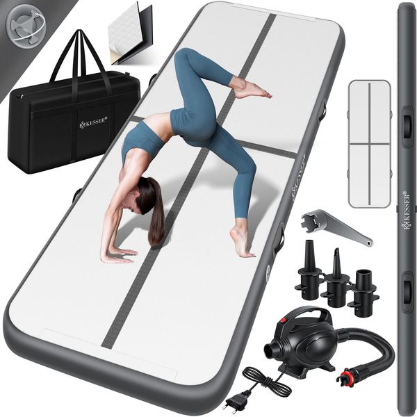 KESSER® Turnmatte Aufblasbar Airtrack 2m/3m/4m/5m/6m Fitness-Matte Gymnastikmatte | inkl. Tragetasche & elektr. Luftpumpe | Yogamatte, Tumbling Matten, Trainingsmatte, Turn- & Fitness Anthrazit, 300 x 100 x 10 cm