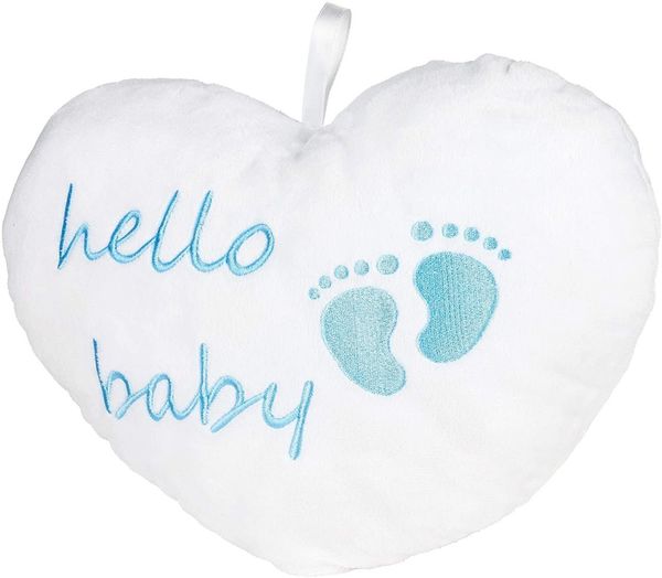 BRUBAKER Dekokissen Plüschherz Hello Baby 25 cm - Babyparty Geschenk zur Geburt, Zierkissen Herz aus Plüsch - Babyzimmer Deko - Kissen