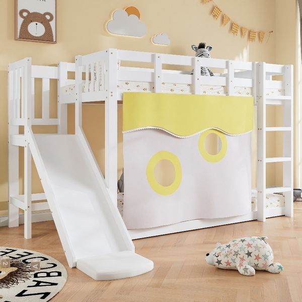 Novelux Etagenbett mit Rutsche 90x200 cm, Kinderetagenbett mit Treppe, Vorhang und Fallschutz – Kiefer/MDF in Weiß, Außenmaß 244,5 x 165 x 140,5 cm