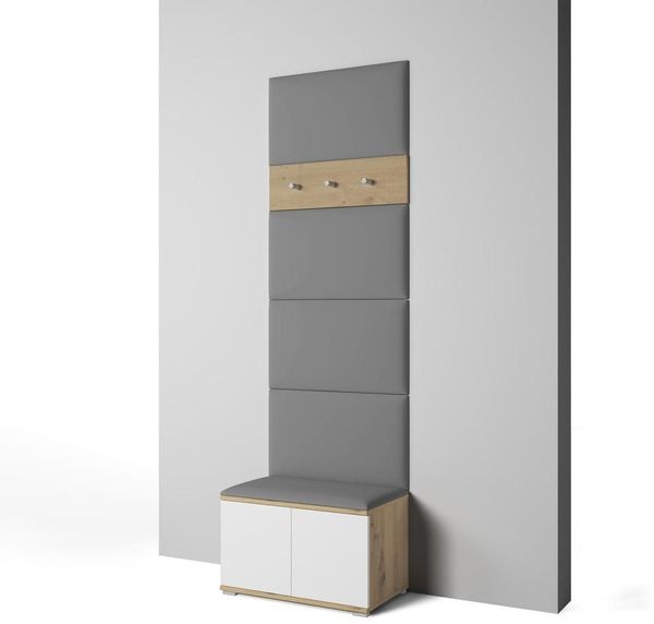 Garderoben-Set Aura version 6 mit Schuhregal und Polsterplatten, Ideal für Flur und Eingangsbereich (Weiß / Eiche Artisan, Trinity 33), 225 x 40 x 70 cm