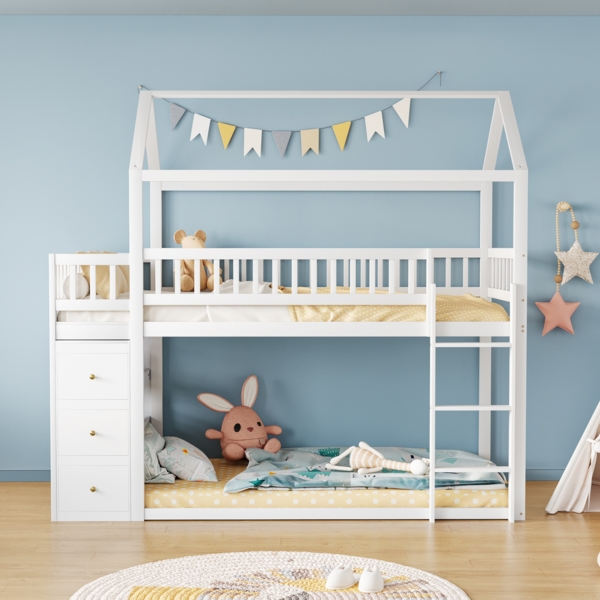 Haus Design Etagenbett Hochbett Kinderzimmer 90x200 Weiß Kiefer Massivholz mit Schubladen Regal Sicherheitszaun Leiter Spielzeug Aufbewahrung 120kg Belastbar Lattenrost Kindermöbel