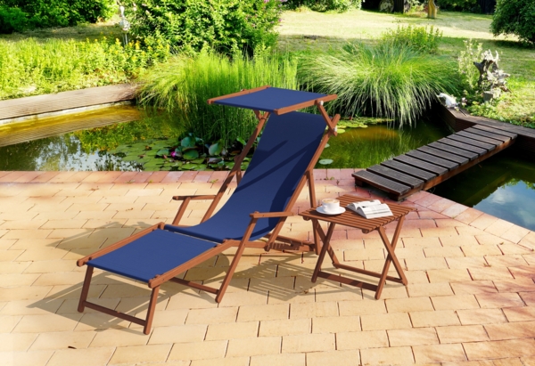 Gartenliege blau Liegestuhl Tisch Kissen Sonnenliege Strandstuhl Deckchair Buche 10-307 T KH Bild 4