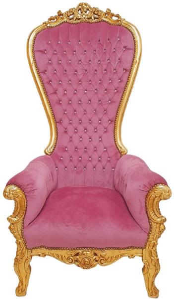 Casa Padrino Barock Thron Sessel mit edlem Samtstoff und Glitzersteinen Rosa / Gold - Handgefertigter Königssessel im Barockstil - Prunkvoller Hochzeitssessel - Barock Riesensessel - Barock Möbel