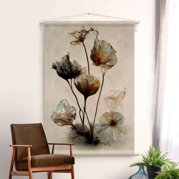 Bilderdepot24 Wandteppich modern Blumen Aquarell Vintage beige, rechteckig, Höhe: 2.6 mm, großes Wandbild aus Natur-Baumwolle Wandbehang Stoffbild Tuch Wollseil