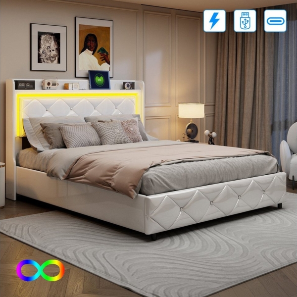 PXloue Polsterbett Doppelbett Stauraumbett (2 USB-Anschlüsse und 1 Typ-C-Ladeport), mit Hydraulischer Hubbettkasten und Lattenrost,Kunstleder,140x200 cm Bild 1