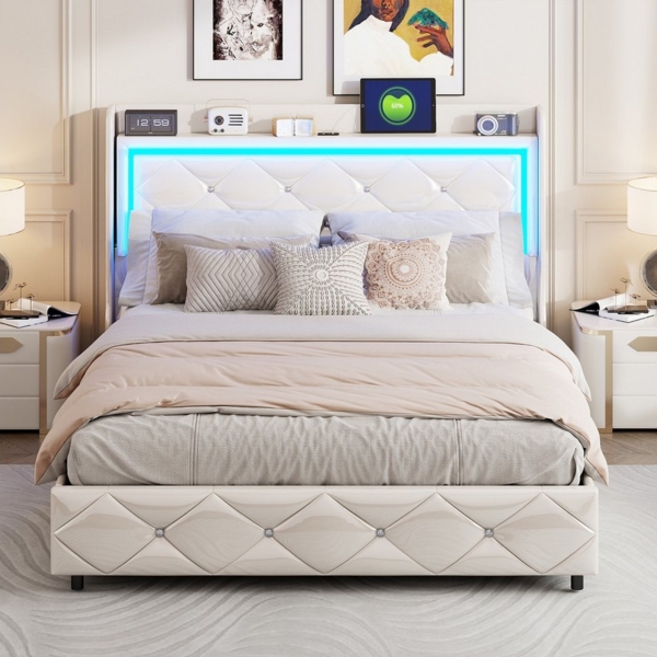 PXloue Polsterbett Doppelbett Stauraumbett (2 USB-Anschlüsse und 1 Typ-C-Ladeport), mit Hydraulischer Hubbettkasten und Lattenrost,Kunstleder,140x200 cm Bild 2