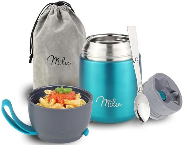 Milu Thermobehälter Edelstahl Thermobehälter Lunchbox 450 ml, Warmhaltebehälter mit Löffel, Thermobecher, auslaufsicher