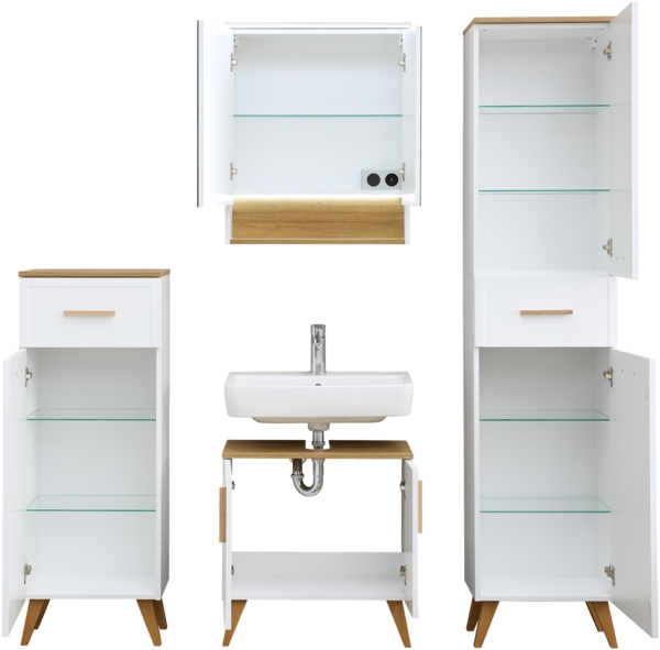 Pelipal Badmöbel-Set, Quickset 383, Weiß Matt - Waschbeckenunterschrank, Spiegelschrank, Hochschrank, Unterschrank, inkl. Füße Bild 3