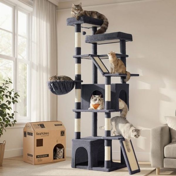 FEANDREA Kletterbaum für Katzen, extra groß, stabiler Katzenkratzbaum mit Kratzsäulen, Plüsch, für große Katzen, dunkelgrau