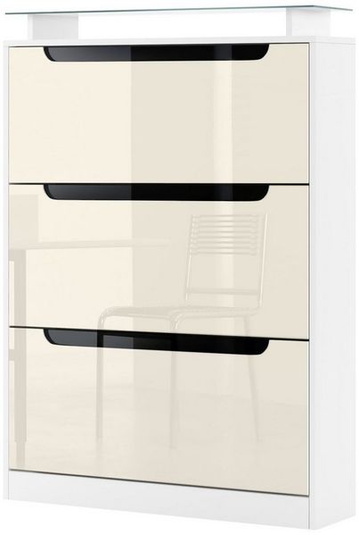 Vladon Schuhschrank Space, Schuhkipper für 24 Paar Schuhe mit 3 Klappen und Glasablage, Weiß matt/Creme Hochglanz mit Absetzungen in Schwarz Hochglanz (89 x 128 x 23 cm)