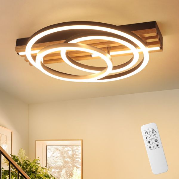 ZMH LED Deckenleuchte Dimmbar Holz Deckenlampe: 2/3-Ringen WohnzimmerlampeLED fest integriert, 3000-6500K, Schwarz Deckenbeleuchtung mit Fernbedienung Design