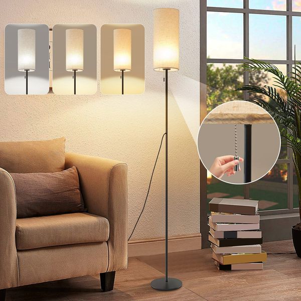 ZMH Stehlampe Wohnzimmer Dimmbar Stehleuchte: LED Standleuchte 3 Farbtemperaturen Vintage Beige Lampenschirm Standlampe mit Seilzugschalter Retro Stoff Leselampe für Schlafzimmer Esszimmer Büro