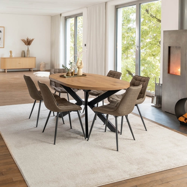 HOME DELUXE Essgruppe Oval Ausziehbar inkl. Sternfuß - 160 x 100 cm Light Oak 6 Stühle Grau / Braun