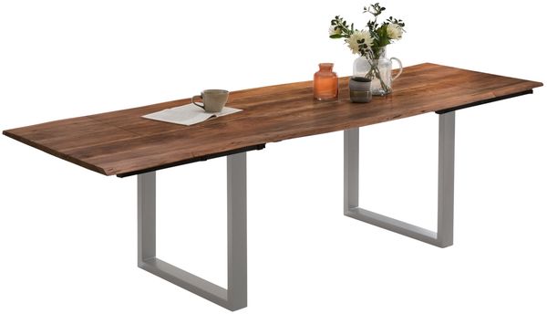 Esstisch Baumkante Akazie nuss 200(300)x100 Ansteckplatten silber PAULO 162392354