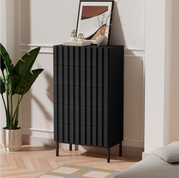 UEV Kommode schmal mit 4/5 Schublanden Sideboard Beistellschrank Buffet (Aufbewahrungskommode, Mehrzweckschrank aus Holz(Natur/Schwarz/Dunkelbraun), Schrank für Wohnzimmer,Schlafzimmer,Flur