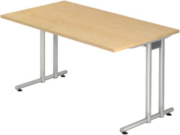 bümö Schreibtisch N-Serie 140x80 cm, Tischplatte aus Holz in Ahorn, Gestell aus Metall in Silber - PC Tisch, Computertisch für's Büro, Office Bürotisch, NS-14-3-S
