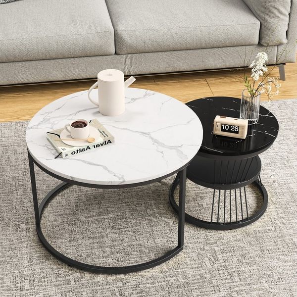 Simurq Couchtisch rund 2er-Satztisch Beistelltisch stapelbarer Sofatisch (2er-Set), 70x45 cm+45x40 cm, rund
